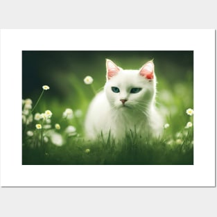 Cute white cat with blue eyes at nature Posters and Art